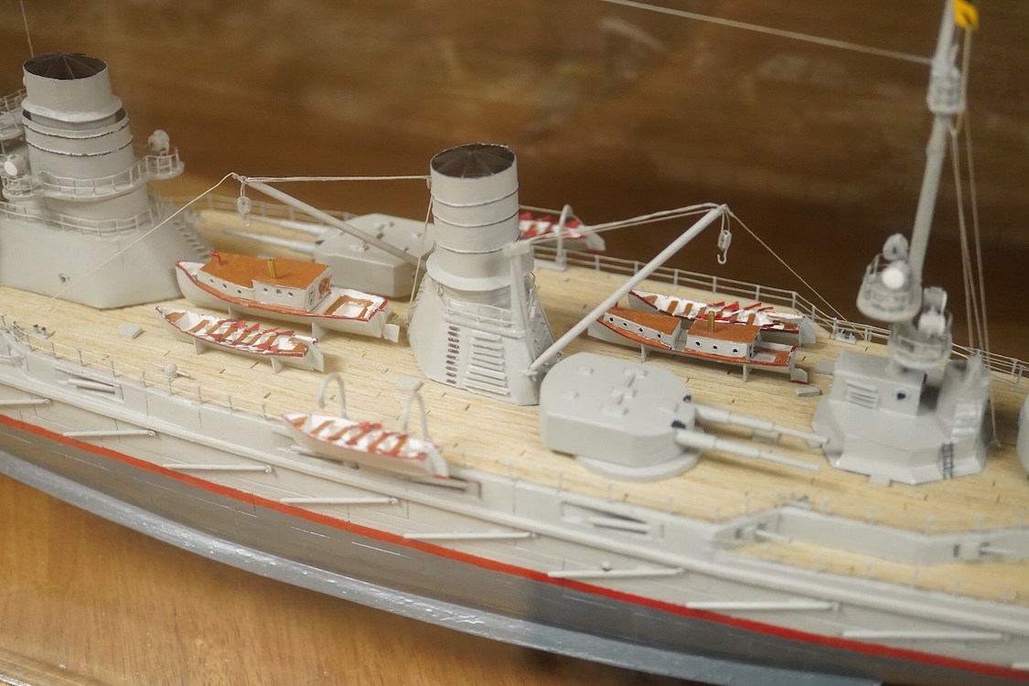 A cased Colin Freeman model of the German battle cruiser, S.M.S. Seydliyz, a well detailed model, with plaque describing the technical details and history regarding her involvement at the battle of Jutland, case 75 x 19.